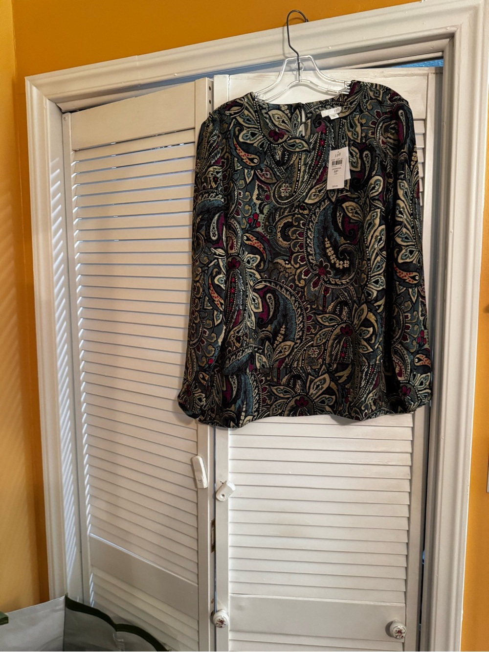 J. Jill Paisley Long-Sleeve Blouse in Black and Teal